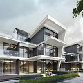Modern Townhouse Exterior Design With Large Glass Windows Balconies And Greenery