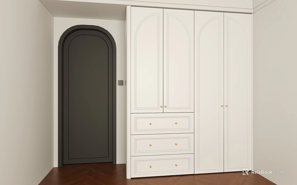 Modern White Wardrobe with Arched Design Dark Arched Door and Drawers on Brown Herringbone Floor 3d model 