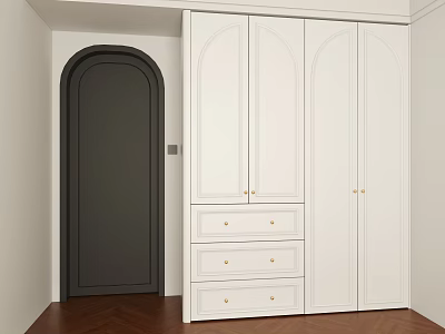 Modern White Wardrobe with Arched Design Dark Arched Door and Drawers on Brown Herringbone Floor 3d model