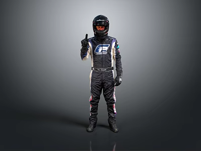 Game And Movie Character Wearing Racing Suit With Black Helmet Making Thumbs Up Gesture 3d model