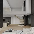 Modern Minimalist Open Plan Living And Dining Space With Stylish Floating Staircase And Soft Sofa