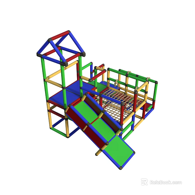Colorful Kids Playground Structure Featuring Slide Climbing Net And Platform 3d model 