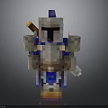 Man In Minecraft Style Knight Armor With Pixelated Design And Weapon