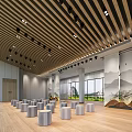 Exhibition Hall With Wooden Slat Ceiling Black Spotlights Landscape Decor Large Windows And Silver Seats