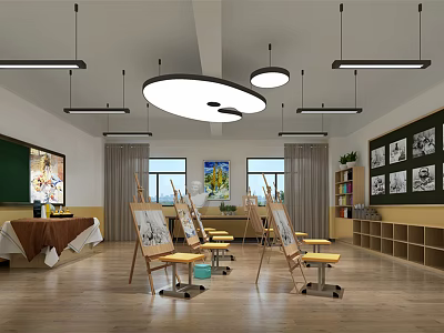 School Art Classroom Interior With Easels Stools Blackboard And Windows 3d model