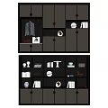 Modern Dark Double Layer Bookshelf With Storage Compartments Cabinets And Decorative Items 3d model