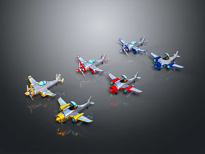 Colorful Toy Airplane Models In Various Colors And Designs On Dark Background 3d model