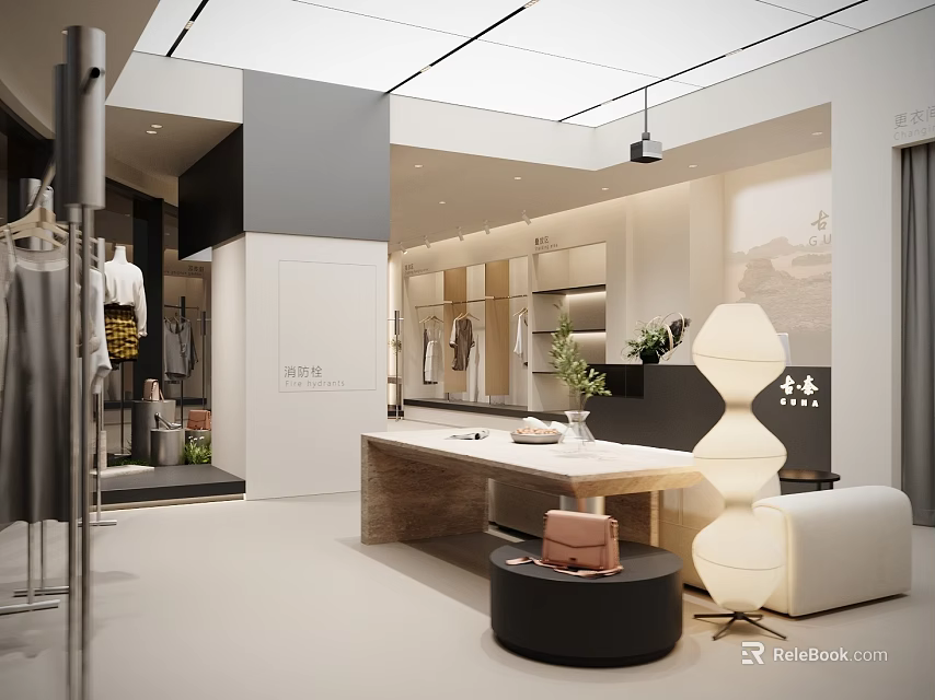 Modern Clothing Store Interior With Hanging Clothes Racks Display Table And Decorative Plants 3d model 