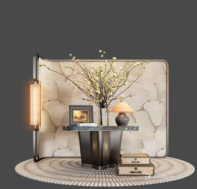 Exquisite Luxury Console Table With Beautiful Floral Decor Photo Frame And Table Lamp For Entryway 3d model 
