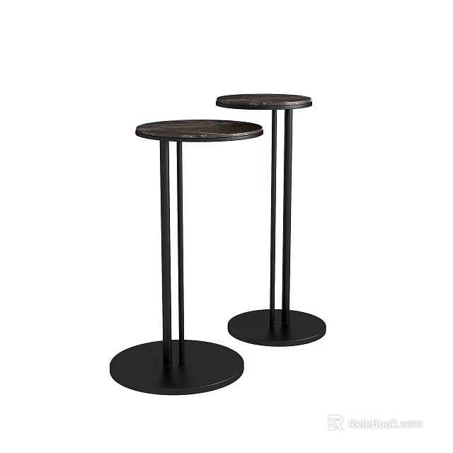 Modern Side Tables Set of Two With Black Metal Frame And Round Tabletop 3d model 