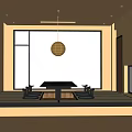 Japanese Style Tea Room With Tatami Long Table Lantern Pendant Light Wall Painting And Bonsai Plant