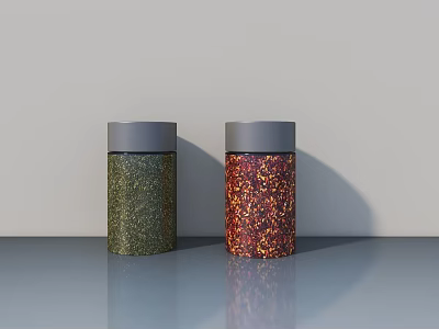 Green And Red Bonsai Potted Plants In Decorative Jars On Grey Tabletop 3d model