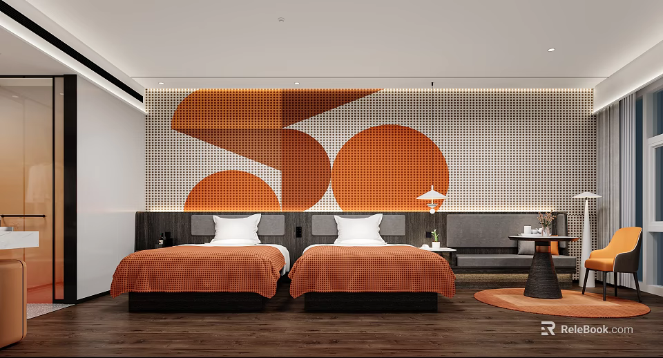 Modern Hotel Guest Room With Twin Beds Orange Decor Geometric Pattern Wall And Wooden Flooring 3d model 