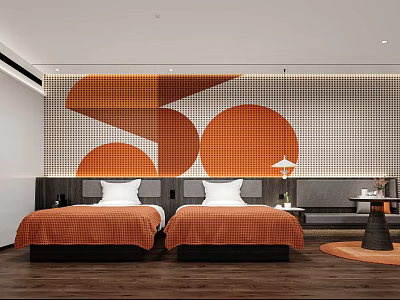 Modern Hotel Guest Room With Twin Beds Orange Decor Geometric Pattern Wall And Wooden Flooring 3d model