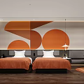 Modern Hotel Guest Room With Twin Beds Orange Decor Geometric Pattern Wall And Wooden Flooring