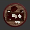 Wooden Desk Interior With Red Chair Table Lamp Wall Clock Picture Frame Scattered Papers