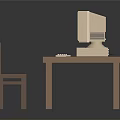 Brown Wooden Desk And Chair Furniture Set With Vintage Computer On Table For Home Office