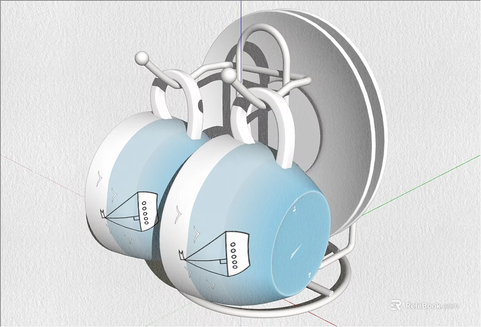 Modern Dinnerware Set With Blue Mugs Plate And Metal Storage Rack 3d model 