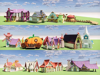 Colorful Cartoon Scenery with Mushroom House Pumpkin Carriage and Various Rooftop Buildings 3d model
