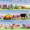 Colorful Cartoon Scenery with Mushroom House Pumpkin Carriage and Various Rooftop Buildings