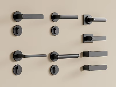 Black Door Handles in Various Modern Styles on Beige Background 3d model