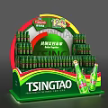Commercial TSINGTAO Beer Display Stand With 120th Anniversary Green Curved Design And Bottled Arrangement