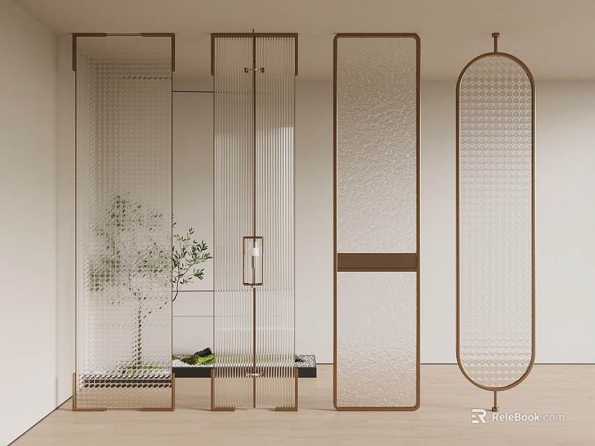 Modern Glass Room Dividers With Metal Frames And Various Patterns For Interior Decoration 3d model 