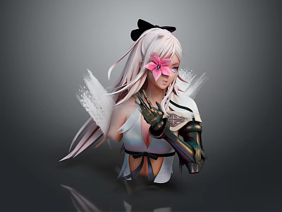 Game and Movie Character With Long White Hair Black Bow Pink Flower And Mechanical Arm 3d model
