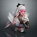 Game and Movie Character With Long White Hair Black Bow Pink Flower And Mechanical Arm