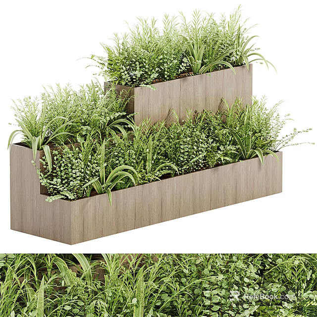Modern Wooden Tiered Tree Planter Box With Lush Green Leafy Plants 3d model 