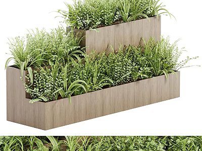 Modern Wooden Tiered Tree Planter Box With Lush Green Leafy Plants 3d model
