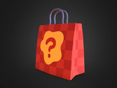 Red Checkered Shopping Bag With Yellow Question Mark And Purple Handles For Daily Living Essentials 3d model