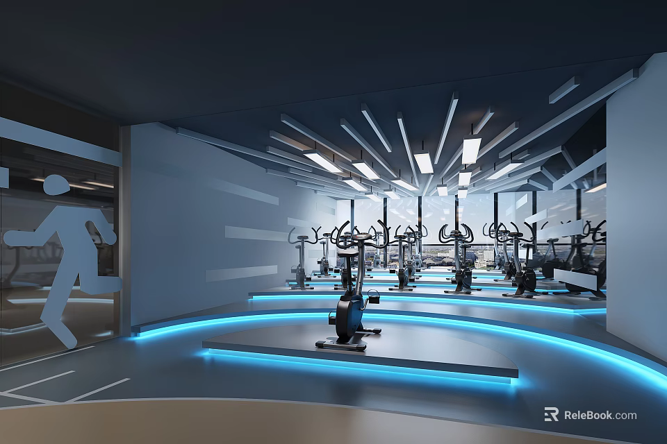 Modern Fitness Gym Interior With Various Exercise Equipment And Blue Ambient Lighting 3d model 