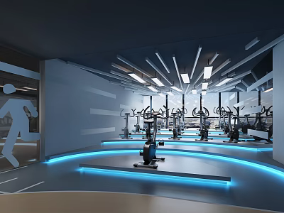 Modern Fitness Gym Interior With Various Exercise Equipment And Blue Ambient Lighting 3d model