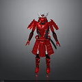 Red Samurai Warrior In Armor With White Horns And Black Details Standing