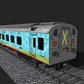 Blue Passenger Train Carriage With Decorative Patterns And Windows On Railway Track 3d model