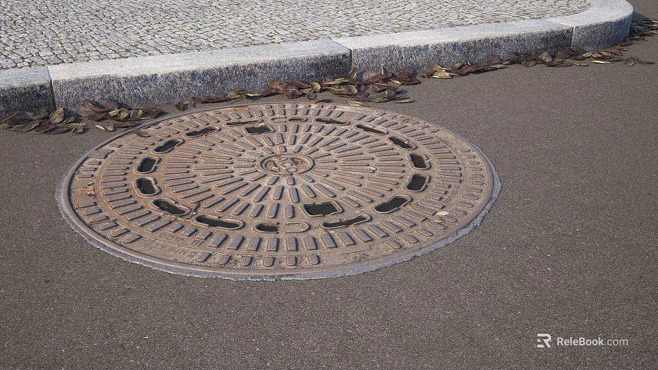 Urban Road Facilities Circular Manhole Cover on Asphalt Surface with Cobblestone Pavement and Curb 3d model 