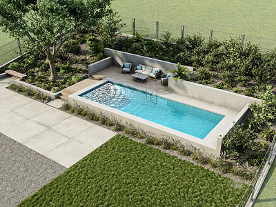 Serene Garden Landscape with Rectangular Pool Lounge Chairs Lush Greenery Lawn and Stone Pathway 3d model