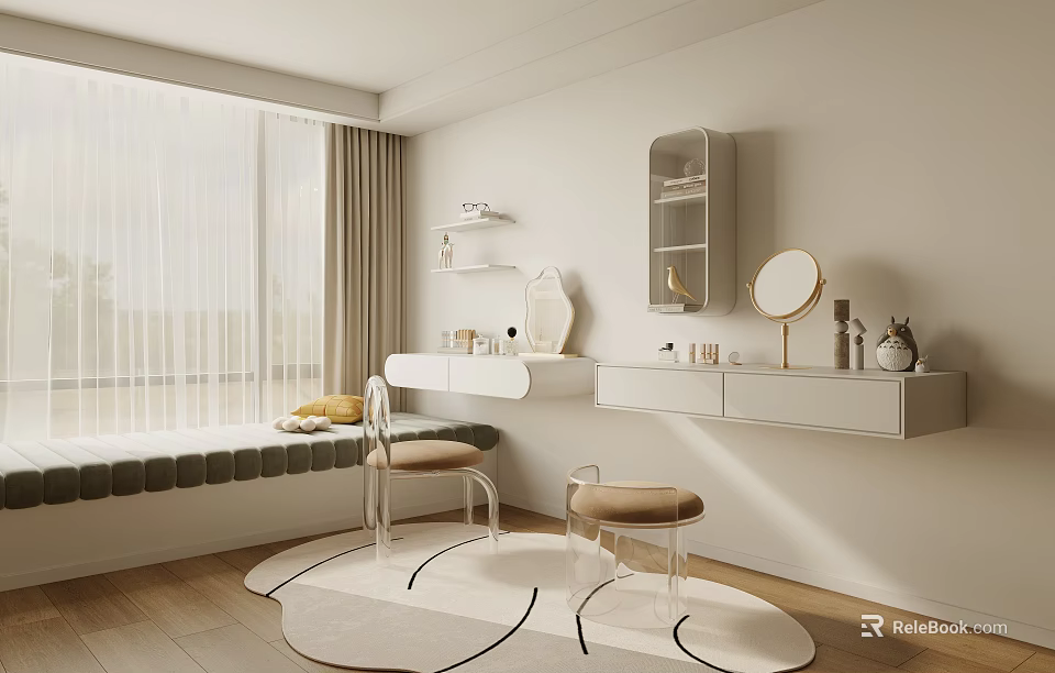 Modern Minimalist Vanity Table With Round Mirror And Transparent Stools On Patterned Rug 3d model