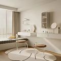Modern Minimalist Vanity Table With Round Mirror And Transparent Stools On Patterned Rug 3d model