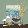 Ornamental Decor Set with White Bird Figurines Teal Painting Wheat Vase Shells on Green Wall