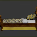 Classic Wooden Carved Bed With Blue Yellow Quilt White Sheets And Yellow Pillows