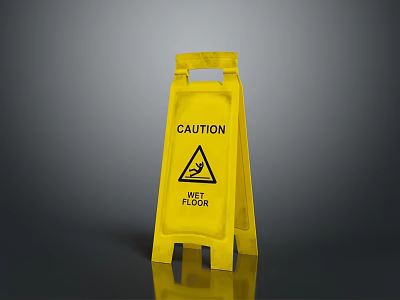 Yellow Caution Wet Floor Sign With Warning Symbol And Text 3d model
