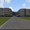 Modern Commercial Complex With Glass Facade Circular Buildings And Green Lawn Pathway