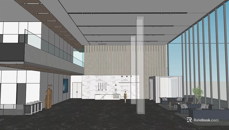 Modern Office Reception Area With Marble Desk Wooden Slat Wall And Large Glass Windows 3d model 