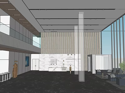 Modern Office Reception Area With Marble Desk Wooden Slat Wall And Large Glass Windows 3d model