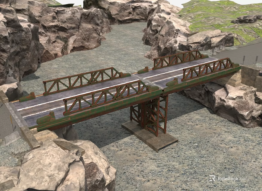 Scenic Truss Bridge Structure With Roadway And Rock Surroundings Near Grassland 3d model 