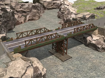 Scenic Truss Bridge Structure With Roadway And Rock Surroundings Near Grassland 3d model