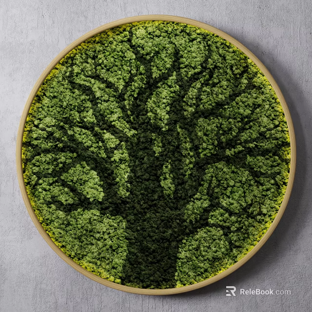 Tree Shaped Greenery Wall In Circular Frame On Gray Wall 3d model 