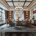 Chinese Style Private Dining Room Interior With Round Table Chairs Chandelier And Decorative Elements